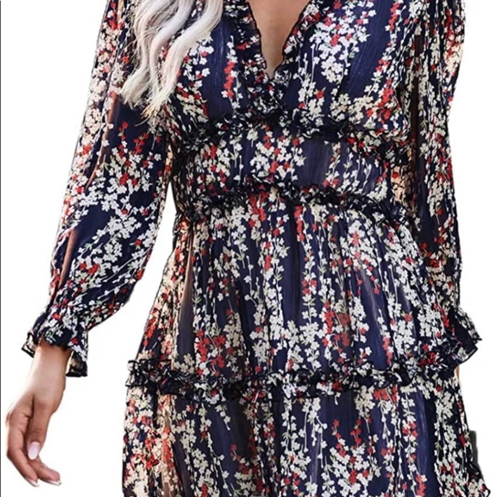 Dokotoo Womens Deep V-neck Ruffle Long Sleeve Floral Print Mini Dress XL